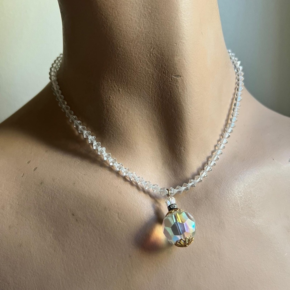 Vtg Aurora Borealis Crystal Choker Necklace 17" Iridescent Disco Ball Pendant